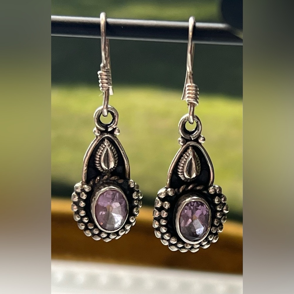 Vintage Sterling Silver Amethyst Style Ornate Drop Earrings 925